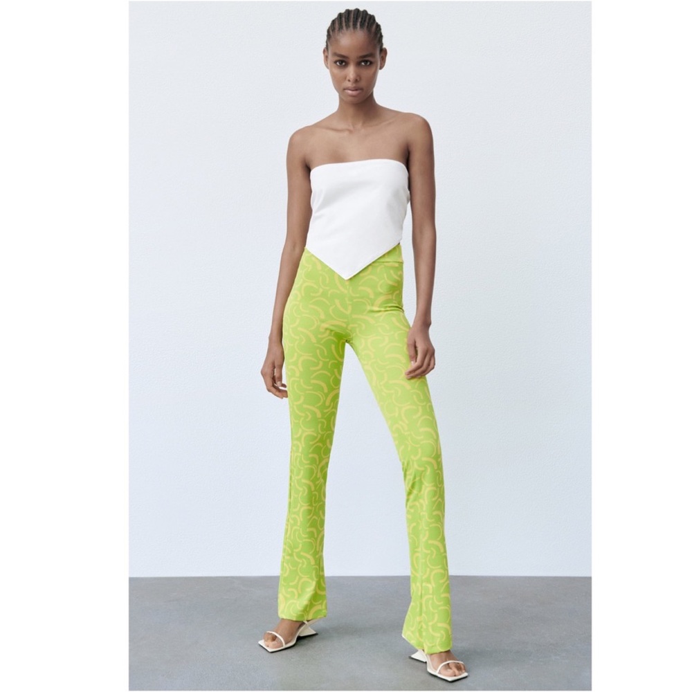 NWT ZARA HIGH RISE FLARED JACQUARD PANTS  GREEN XS